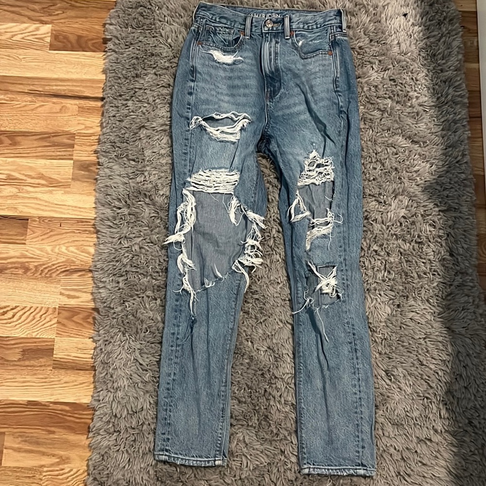 American Eagle mom jeans, very ripped, size 0